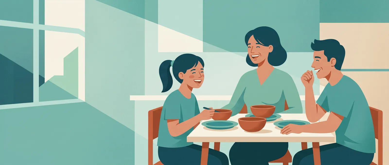 Mutter, Tochter und Sohn lachen gemeinsam beim Abendessen